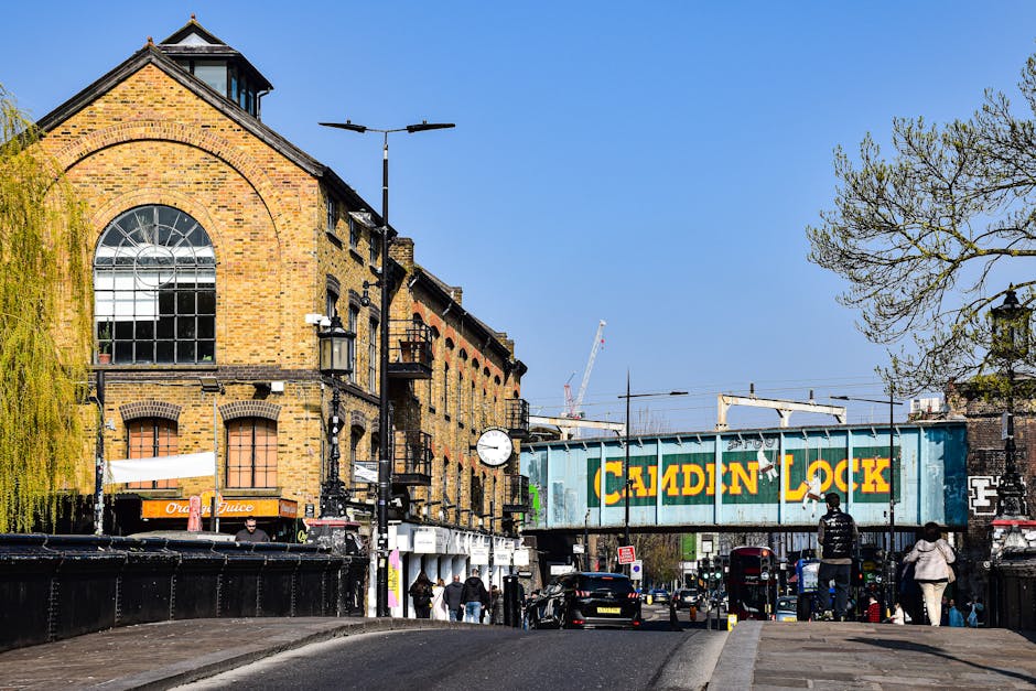 An aerial view of a street in Bermondsey, showing a line of parked vehicles and moving cars on a two-lane road, with trees lining both sides of the street. On the left, there's a mix of brick and modern commercial buildings, some with signage, and pavement areas where pedestrians are walking. On the right, there are residential and historic-style buildings with small front yards and bicycles parked on the sidewalk. The scene depicts typical urban activity during daytime, with a few people walking and cycling, and the road appears to be part of a home relocation or moving process managed by a local removals service such as Man and Van Bermondsey. The environment is well-lit with natural daylight, and the overall setting indicates an active, residential neighbourhood suitable for furniture transport and packing and moving activities.